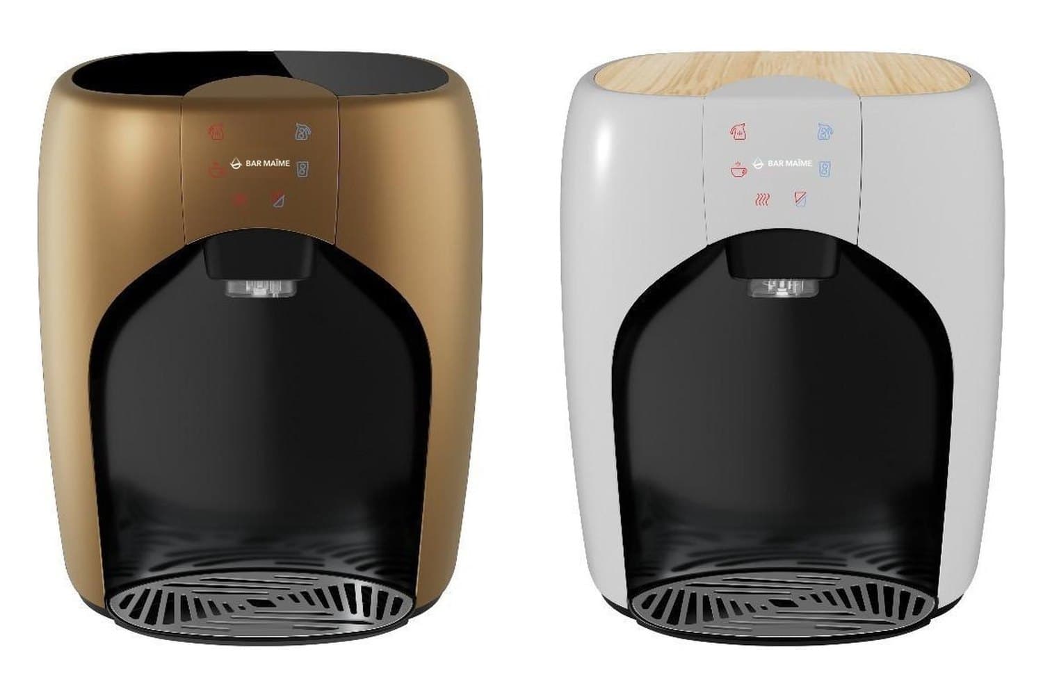 Fontaines à eau Luma, coloris bronze et coloris blanc avec couvercle effet bois